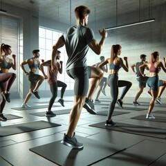Obraz premium Group Fitness Class: People Following Instructor's Movements