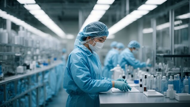Biotechnology production facility, pharma. Clean production room with worker in blue protective clothes.