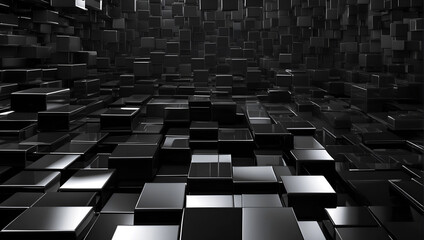 Glossy black background, neatly arranged 3D squares, gradient shades of incident light, top view,