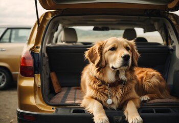 Golden retriever dog sitting in car trunk ready for a vacation trip.
