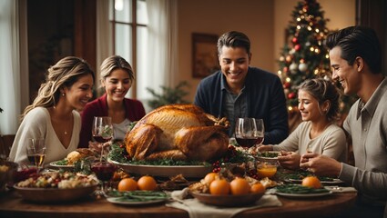 Happy family with roasted turkey at christmas or thanksgiving dinner at home Multiple...