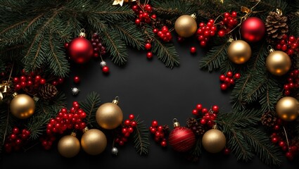 Fototapeta na wymiar Holiday's Background with Christmas Tree Branches Decorated with Berries and Christmas gold and red decorations, fir tree branches with xmas ornaments isolated on black background. top view