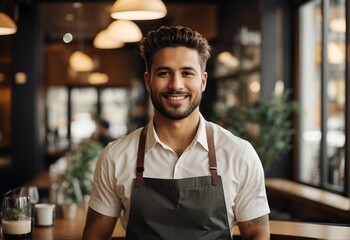 Small business restaurant young owner looking at the camera. Happy waiter holding a tablet. full body