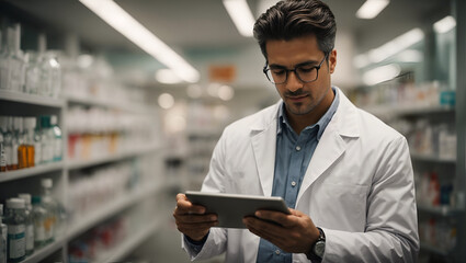 Pharmacist holding digital tablet while checking medicine