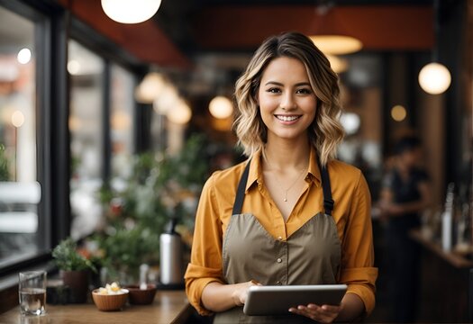 Small Business Restaurant Young Women Owner Looking At The Camera. Happy Waiter Holding A Tablet. Full Body