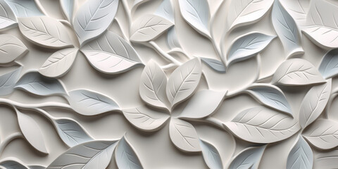 White 3D Wall Tiles Featuring Geometric Floral Leaves, Panorama Background