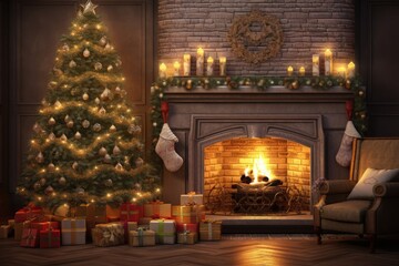 Fototapeta na wymiar candlelit living room Christmas background with a grand Christmas tree, presents, and a crackling fireplace, complete with ornaments, tinsel, and a warm, inviting ambiance
