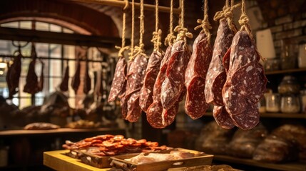 salami hanging to mature in an artisan delicatessen in the countryside of Carr.
