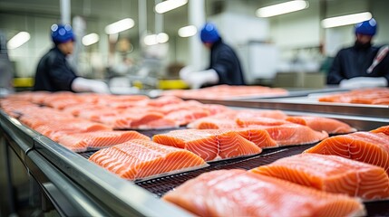 Salmon fillets on packaging in foreground of busy food factory.
 - obrazy, fototapety, plakaty