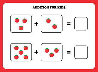 Addition page for kids. Educational math game for children with tomato. Printable worksheet design. Learning mathematic.