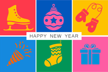 New Year banner, modern trend design, skates, gift box, mittens, vector illustration