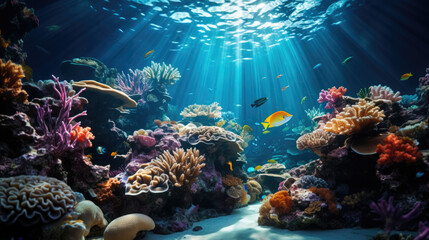 underwater coral reef landscape background in the deep blue ocean with colorful fish and marine life.