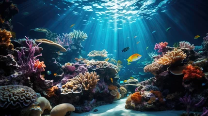Fototapeten underwater coral reef landscape background in the deep blue ocean with colorful fish and marine life. © Ruslan Gilmanshin