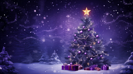 Fioletowe tło świąteczne na życzenia z ozdobioną choinką i z prezentami na Święta Bożego Narodzenia w zimowej scenerii - obrazy, fototapety, plakaty