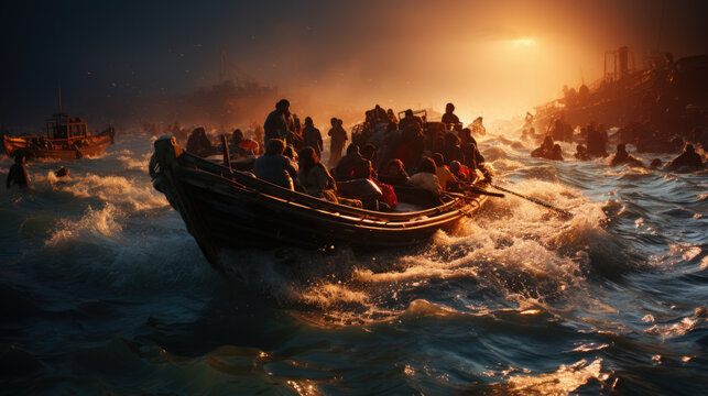 Migrants / refugees on boat through sea with cold water at night.