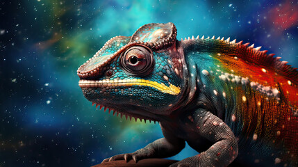 Fototapeta premium Mystical chameleon blending with cosmic nebulas and stars Ai Generative