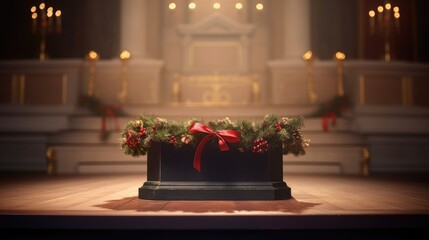 Fototapeta na wymiar Empty podium placed against a festive Christmas-themed background. The podium is bathed in soft, warm lighting, traditional Christmas decorations, creating a delightful and welcoming Photography,