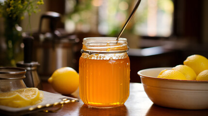 Lemon syrup with honey in a preserving jar - obrazy, fototapety, plakaty