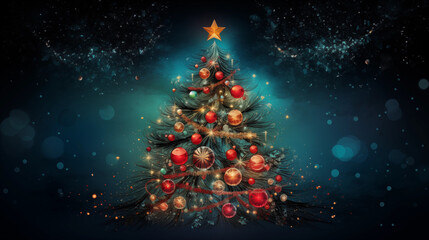 Tło świąteczne na życzenia z ozdobioną choinką i z prezentami na Święta Bożego Narodzenia w zimowej scenerii - obrazy, fototapety, plakaty