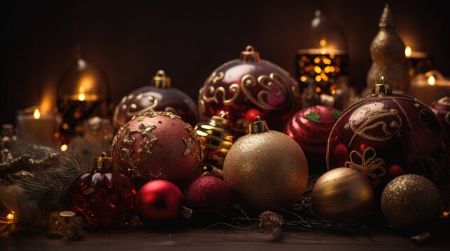 Christmas balls, ornaments background and holiday-themed elements elegant decorations warm and cozy Photography with copy text space