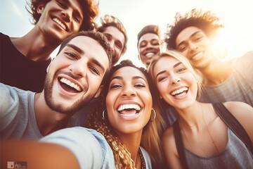 Portrait of Multi ethnic guys and girls taking selfie outdoors with backlight - Happy life style friendship concept on young multicultural people having fun day together