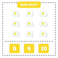 How many fried egg are there? Educational worksheet design for children. Counting game for kids.	
