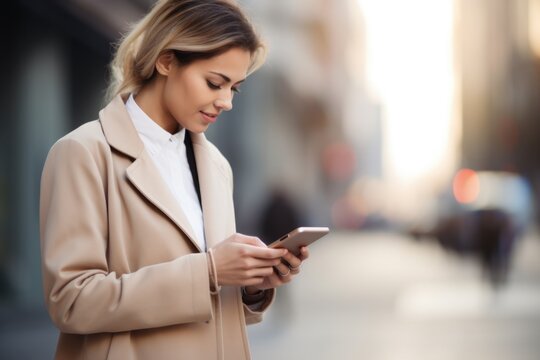 Smiling young adult blonde business woman wearing coat standing on urban street using applications on cell phone gadget, reading news on smartphone, browsing fast mobile internet outdoors.