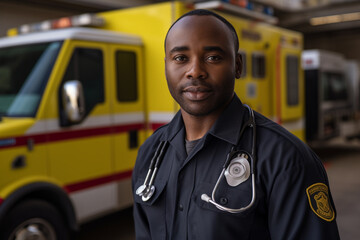 Portrait of paramedic standing in front of an ambulance, looking at the camera, He is an African-American man in his 30s