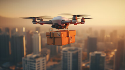 Delivery drone delivering package in the city