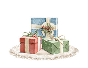 Watercolor vintage composition with three boxes of Christmas gift presents on carpet isolated on white background. Hand drawn illustration sketch