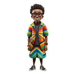 East African smiling teenage male avatar with kente cloth and trendy glasses on an isolated background. Cute PNG.
