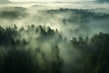 Misty woods seen from above. Generative AI - obrazy, fototapety, plakaty