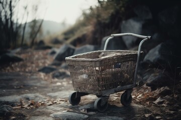 An abandoned cart with an unfilled basket against a blurry backdrop. Generative AI - obrazy, fototapety, plakaty