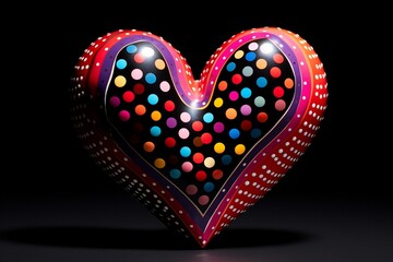 A vibrant heart-shaped object on a black background adorned with numerous small dots at the center. Generative AI