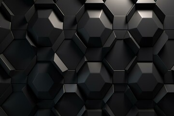 Obraz na płótnie Canvas Hexagonal wall background with polished tiles. Black semigloss wallpaper featuring 3D blocks. Generative AI