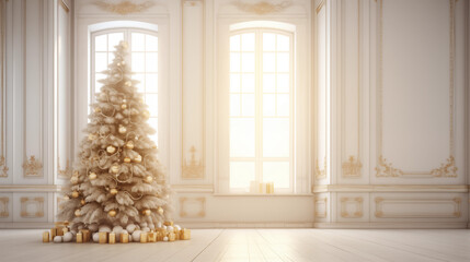 Jasne tło świąteczne na życzenia z ozdobioną choinką, z oknem i z prezentami na Święta Bożego Narodzenia.  - obrazy, fototapety, plakaty