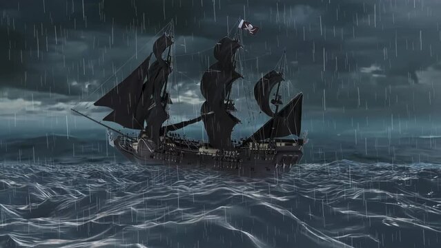Pirate ship navigating during a storm