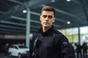 Portrait of serious handsome security guard talking by portable radio
