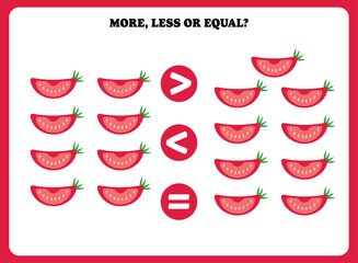 More less or equal. Educational math game for kids. Printable worksheet design for preschool, kindergarten or elementary students. Comparing objects.