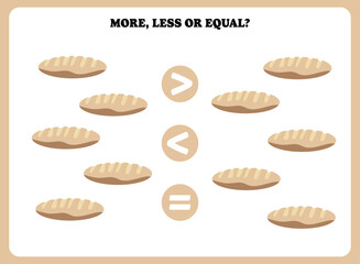 More less or equal. Educational math game for kids. Printable worksheet design for preschool, kindergarten or elementary students. Comparing objects.