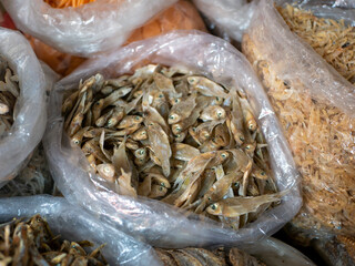 Ikan asin, salted fish  at traditional market in Yogyakarta, Indonesia