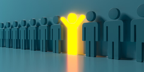 Illuminating leader. Group of people. Man standing out of crowd