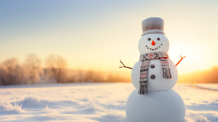 Obraz premium Cute adorable snowman wearing a scarf and hat standing in snow on a sunny winter day