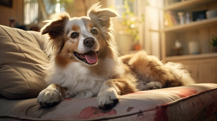A dog lays on a sofa cushion