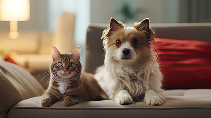 A dog and a cat lie together on a sofa