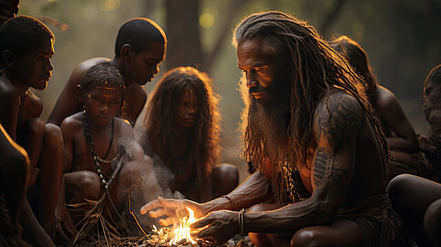 An indigenous people gathers around a fire