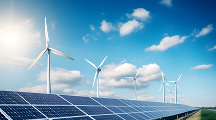 Solar panels and wind turbines against blue sky with clouds background. Renewable Energy Concept