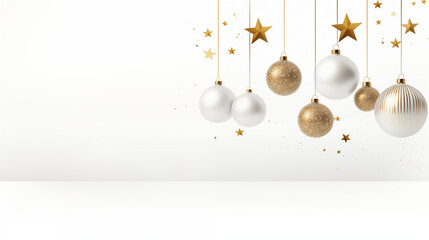 Białe świąteczne tło na życzenia lub baner z ozdobami bożonarodzeniowymi - bombki, gwiazdki, dekoracje choinkowe. Wesołych Świąt Bożego Narodzenia - 672669882