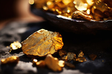 Glistening Gold Nuggets Displayed Elegantly on a Dark Background Capturing the Essence of Luxury and Wealth - obrazy, fototapety, plakaty