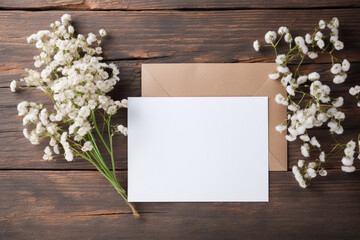 White gypsophila flowers and envelope on brown wooden background.